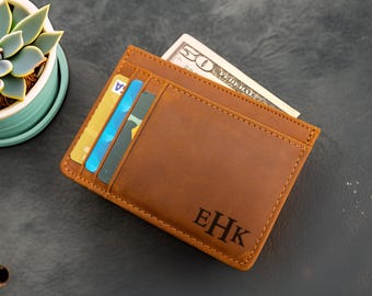 Tarjetero delgado personalizado, tarjetero minimalista de cuero, regalo para el Día del Padre, para esposos, novios, hombres, papás.