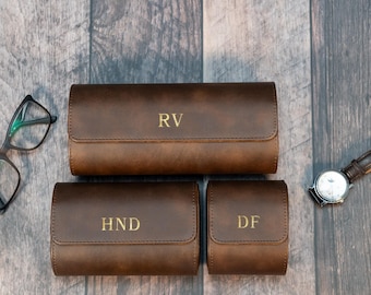 Personalized Leather Watch Case, Travel Watch Roll, Watch Roll for 3 Watches, Groom Gift, Father's Day gift, Gift for Him, Custom Watch Box