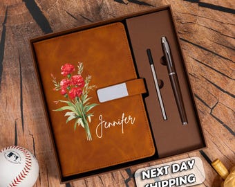 Engraved Birth Flower Leather Journal, Personalized Name Notebook Set, Birthday Gifts for Her, Thank You Teacher Gifts, Graduation Gift