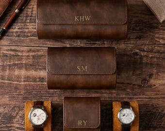 Personalized Leather Watch Roll for 3 Watches, Groomsmen Gift Travel Case