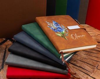 Personalized Engraved Birth Flower Leather Journal Set, Custom Name Notebook, Gift For Her