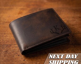 Personalized Crazy Horse Leather Wallet, Engraved Custom Mens RFID Blocking Bi-fold Gift