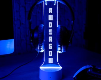 Custom Light up Headphone Stand for Desk, Gaming Headset Holder RGB with 16 Color Lights for Game Room Decor, Gamer Gifts for Men Boyfriend