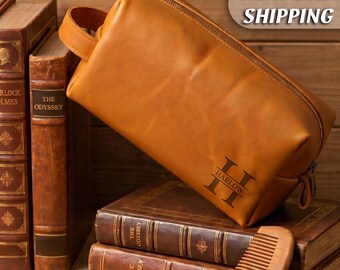 Personalized Toiletry Bag, Dopp Kit,Groomsmen Gifts,Anniversary Gift for Him,Groomsmen or Him-Laser Engraved Leather Travel Kit,Gift for Him