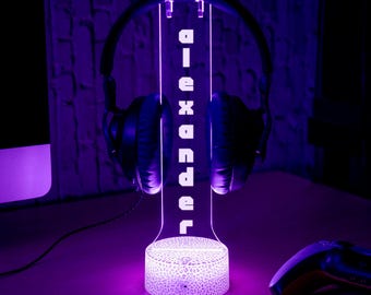 Custom Headphone Stand RGB Light Headset Holder Engraved with your Name Perfect for Gaming Decor Cool Gamer Gifts for Men Boyfriend