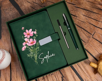 Engraved Birth Flower Leather Journal Set, Personalized Name Notebook with Pen