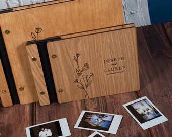 Personalized Wooden Photo Album, Custom Engraved Scrapbook, Wedding Guest Book, Anniversary Gift