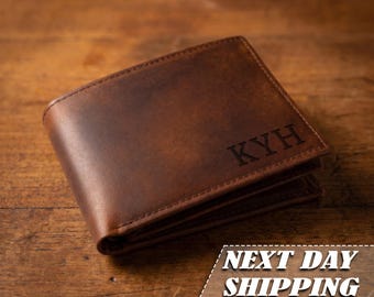 Personalized Crazy Horse Leather Wallet, Engraved Custom Mens Bifold (RFID Blocking)