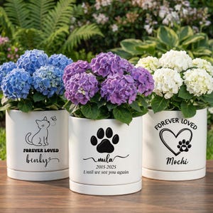 May include: Three white ceramic planters with colorful hydrangea flowers. Each pot has a different design: a cat, a paw print, and a heart with a paw print. Text includes "Forever Loved", pet names, and dates.