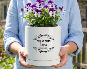 Personalized Engagement Ceramic Flower Pot,Wedding Gift For Couple, Newlywed Engaged Pot, Anniversary Gifts, Bridal Shower Gifts