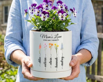 Personalized Birth Flower Ceramic Pot, Grandma Garden Gift, Mother's Day Gift