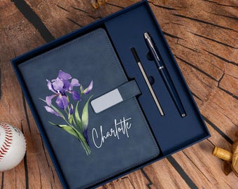 Engraved Birth Flower Leather Journal Set, Personalized Name Notebook with Pen