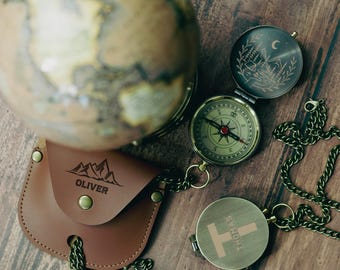 Personalized Brass Compass, Anniversary Gift for Him, Leather Case, Fathers Day Gift