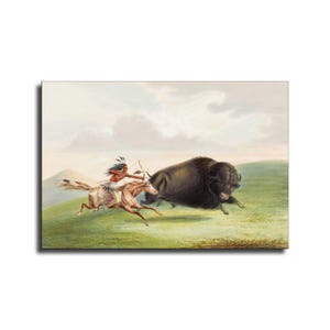 May include: An illustration depicts a Native American on horseback aiming a bow and arrow at a large bison. The scene is set on a grassy hill under a cloudy sky, with the bison charging forward. The artwork is a vintage style print.
