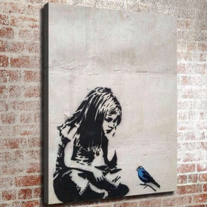 Lámina artística de 76 x 61 cm inspirada en Banksy. Nueva impresión en alta definición. Lienzo listo para colgar. Póster grande. Chica con pájaro azul. Pintura mural para decorar el hogar.