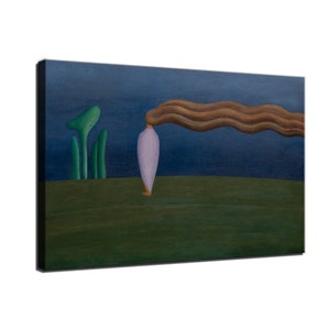 May include: A painting of a person with long brown hair blowing in the wind, standing in a field with green grass and a dark blue sky. The person is wearing a purple dress and is facing away from the viewer. There are three green trees in the background.