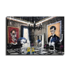 May include: A painting of a room with two portraits, one of a man in a red suit and the other of a man in a black suit. There are also two yellow Minions standing in the middle of the room, and four ostriches with blue and white feathers.