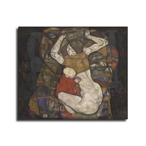 May include: An expressionist painting depicting a figure with pale skin curled in a fetal position, wearing a brown top and red garment, resting on a dark, multi-colored patterned blanket against a deep black background with visible brushstrokes.