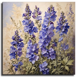 24x24 Inches Delphinium painting. Delphinium Art Print. HD print. Canvas ready to hang. Large poster. Large canvas. Home decor wall painting