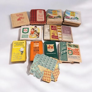 Vintage Trading Stamp Book Lot with Assorted Collectible Stamps Retro Ephemera Paper Memorabilia for Scrapbooking & Crafts
