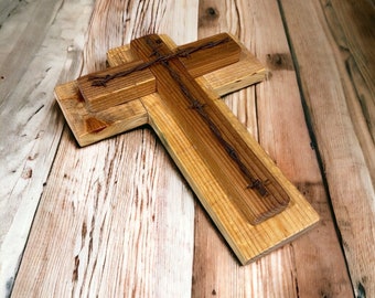 Rustic Pallet Wood Cross with Barbed Wire Accent