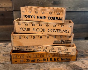 Vintage Yardstick Box of Various Sizes, Handcrafted Storage, Trinket and Pencil Holder, Upcycled Desk Decor, Rustic Advertising
