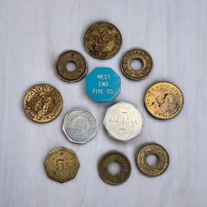 Vintage Transit Tokens Lot - Trade Advertising Collectible Tokens, Antique Transportation Memorabilia, Unique Gift for Token Collectors