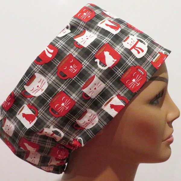 Catcup hats, cat hot chocolate hats, Holiday drinks design hats, euro hats, surgical hats, Plaid design hats, cute cat hats