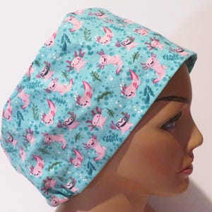 Axolotl design hats, surgical caps, euro style hats, cute axolotl hats, pink shrimp hats