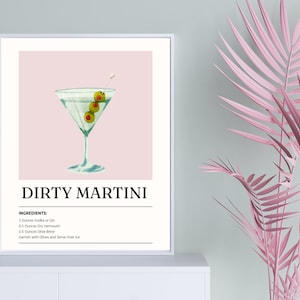 Instant Download Dirty Martini Cocktail Pink Art Print | Digital Printable Wall Decor | Dirty Martini Printable Bar Cart Wall Art |