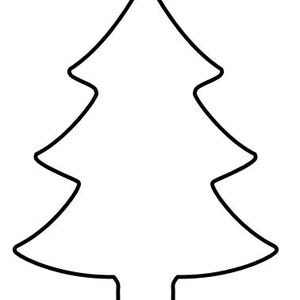 May include: A black outline of a Christmas tree shape. The tree has a pointed top and three distinct layers of branches, with a rectangular base. The design is simple and suitable for various craft projects or holiday decorations.