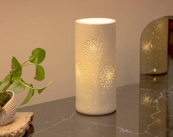 Porcelain Table Lamp in a Dandelion design | Contemporary & Oriental style | Night Light | Hand Carved |