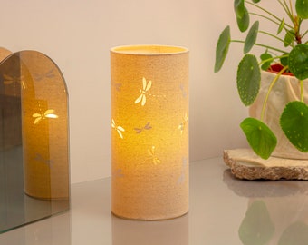 Linen Fabric Table Lamp with a Dragonflies design| Nature-themed | Night Light | with Cut-out shapes