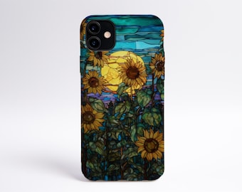 Sunflowers in Night Sky Stained Glass Inspired Slim Phone Case, iPhone Case, Samsung Case, Aesthetic Phone Case, Gift for Her, Sunflowers