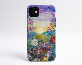 Pastel Wildflowers in the Sun Stained Glass Inspired Phone Case, iPhone Case, Samsung Case, Aesthetic Phone Case, Gift for Her, Wildflowers