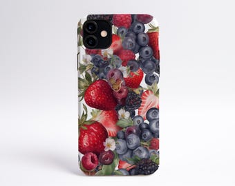 Watercolor Strawberries and Blueberries Fruit Inspired Phone Case, iPhone Case, Samsung Case, Aesthetic Phone Case, Gift for Her, Berry Case