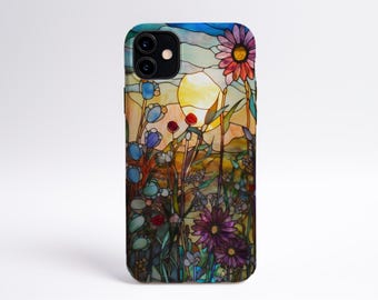 Sun and Wildflowers Stained Glass Inspired Phone Case, iPhone Case, Samsung Case, Aesthetic Phone Case, Gift for Her, Wildflower Phone Case