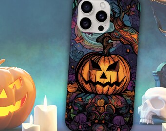 May include: A black phone case with a colorful design featuring a jack-o'-lantern with a spooky face. The background is a swirling pattern of purple, blue, and orange.