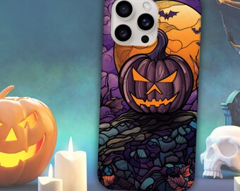 May include: A purple, blue, and orange iPhone case with a stained glass design featuring a jack-o'-lantern. The case has a cutout for the camera lens.
