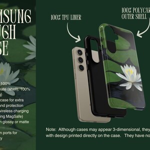 May include: A black and white phone case with a water lily design. The case is made of 100% polycarbonate and has a 100% TPU liner. It is a dual layer case for extra durability and protection. It supports wireless charging and has clear, open ports for connectivity.  The case is available in glossy or matte finish.