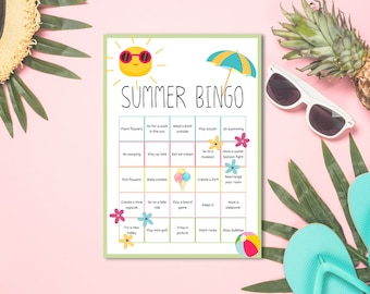 Bingo de actividades de verano para imprimir, lista de cosas que hacer los niños este verano (tamaños A4 y Carta estadounidense)