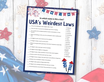 Può includere: Una carta di gioco stampabile blu e bianca con il testo "USA's Weirdest Laws" e un elenco di leggi insolite da diversi stati degli Stati Uniti. La carta è decorata con fuochi d'artificio rossi, bianchi e blu.