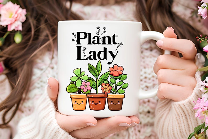 Peut inclure: Une tasse en c&eacute;ramique blanche avec le texte "Plant Lady" en lettres noires. La tasse pr&eacute;sente une illustration de trois plantes en pot avec des visages souriants.