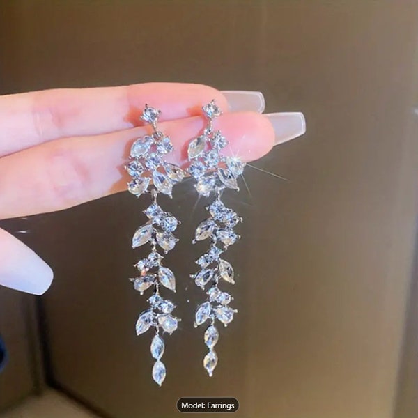 Leaf Shape Crystal Long Tassel Elegant Earrings Wedding Bridal Earrings For Women
