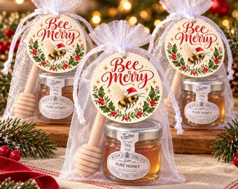 12 jars Christmas Honey Favors | Holiday Party Favors | Bee Merry Honey Favors | Mini Jar of Honey | Gift for staff | Christmas gift bags