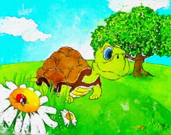 Happy Little Turtle - Children's Animal Watercolor Print and Wall Art, Digital Download, Printable Wall Art - G-11232022