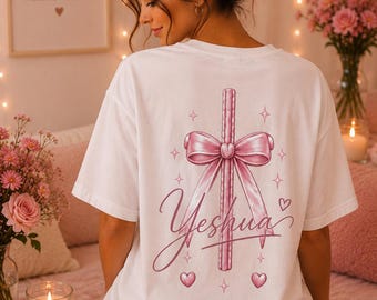 Yeshua Christian T-Shirt, Pink Bow Faith Tee, Front Back Print