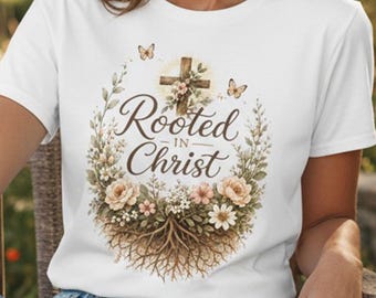 Rooted in Christ Christian T-Shirt for Women, Floral Cross Botanical Faith Tee