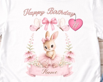 Personalised Bunny Birthday T-Shirt With Custom Name & Age Tee. Watercolor Rabbit with Pink Bow.