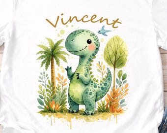 Personalized Brachiosaurus Kids T-Shirt, Watercolor Dino Forest Tee